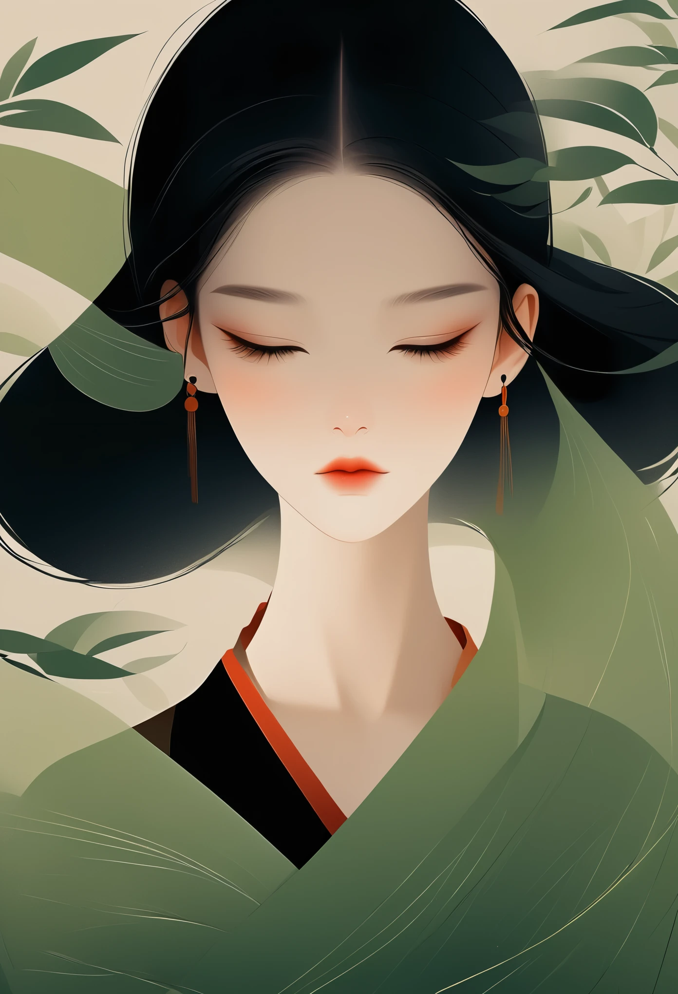 Vector，flat style，illustration，数字艺术illustration，1 girl，unique，black hair，beautiful face，portrait，Shoulder，beautiful hands，Zen，artistic conception，abstract