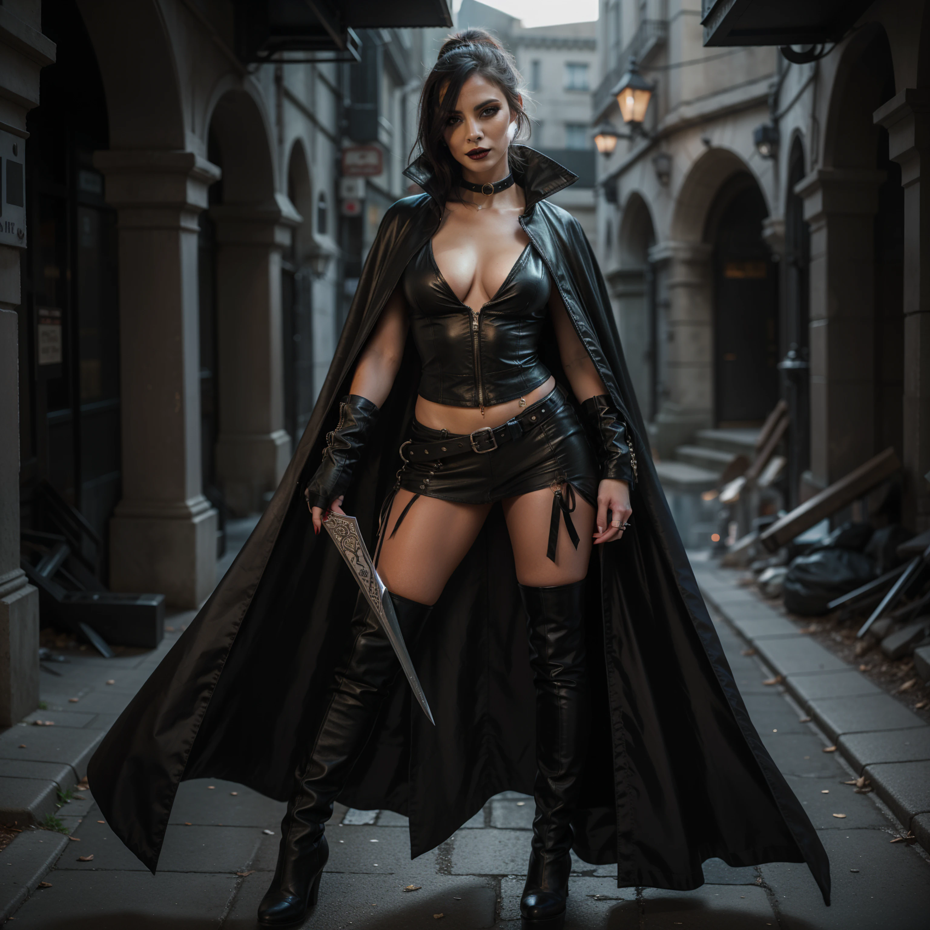 arafed woman in a black cape and boots standing in a dark alley, seductive cyberpunk dark fantasy, female vampire warrior, beautiful female assassin, female assassin, high quality fantasy stock photo, female thief, fantasy character photo, villainess, gothic city streets behind her, dark fantasy female magician, urban fantasy style, supervillain sorceress witch, dark fantasy style