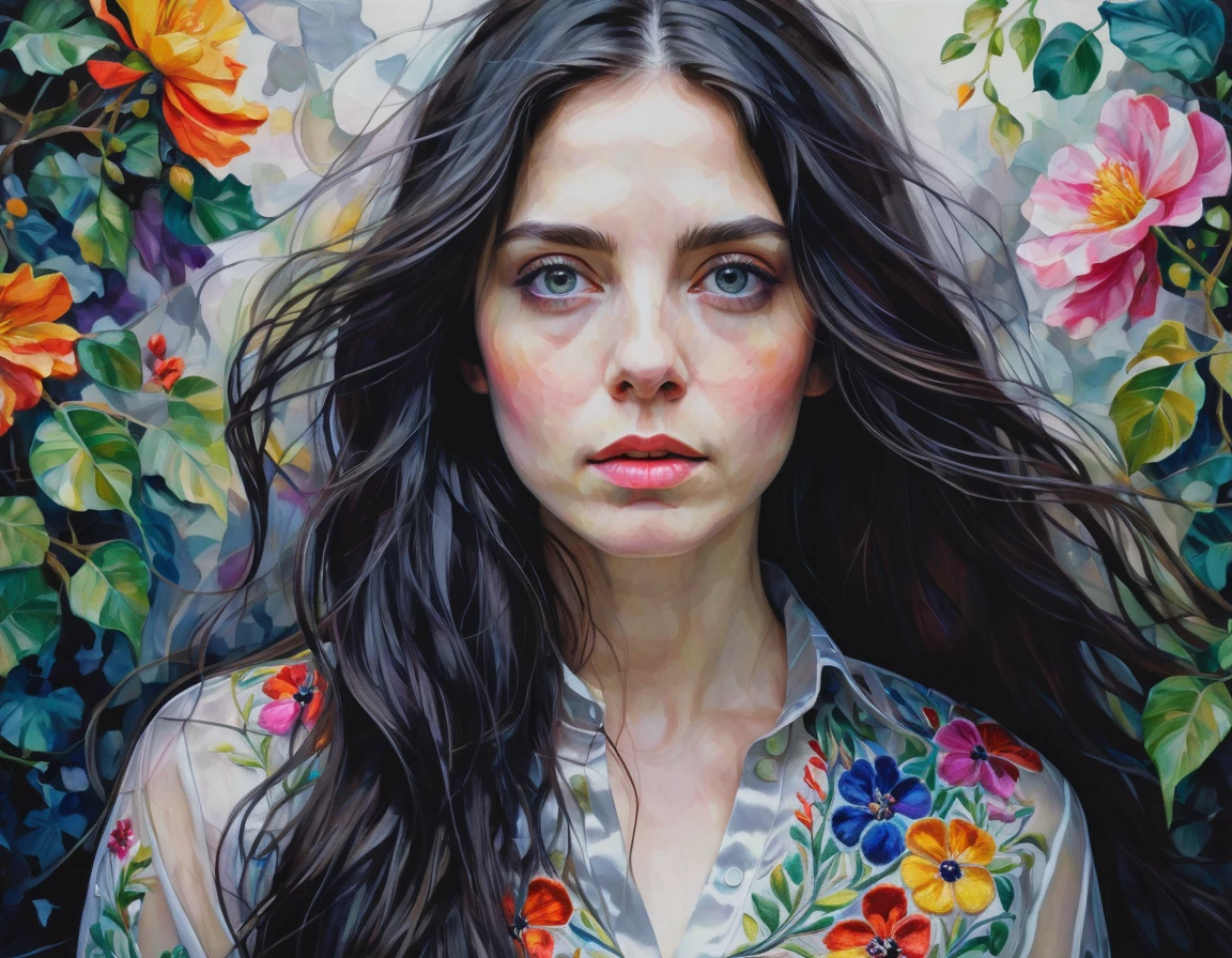 oil painting style of Agnes Cecile, beautiful young woman, light makeup, long dark hair, dark eyes staring intently at the viewer, wearing a embroidered silk blouse, flowered vines surrounding her, vivid colors, overcast day . High dynamic range, vivid, rich details, clear shadows and highlights, realistic, intense, enhanced contrast, highly detailed