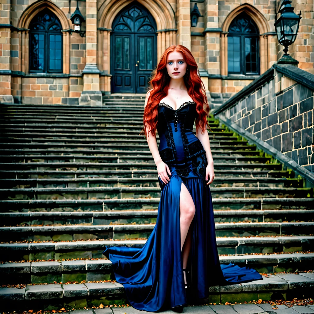 Portrait, best quality, Victorian style,
One girl, bright paint colors, young 20 years old, very beautiful, looking at the camera. A young woman stood on the steps of the main building. Long red hair, blue eyes, size 4 breasts, thin waist, athletic buttocks, long slender legs. Strong detailing, large breasts, gothic beautiful evening dress, noir, dark gothic, gothic castle, steps of the main castle building, stone walls, photorealism.