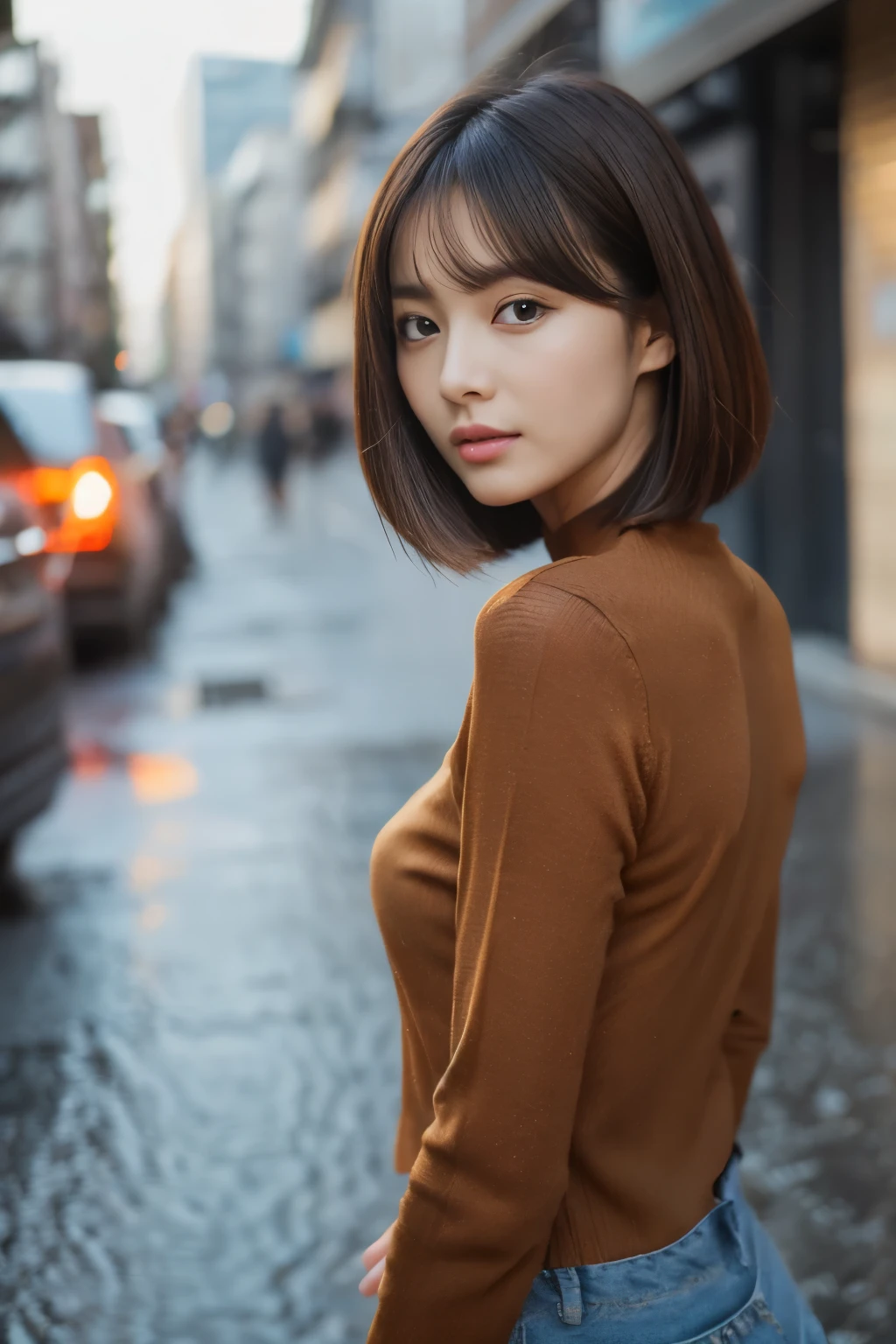 ((top quality、8K、​Masterpiece:1.3))、sharp focus:1.2、Beautiful woman perfect body:1.4、slim abs:1.2、((Bob Hale、straight hair:1.2))、(Dark orange sweater、denim:1.1)、(rain、a street:1.2)、moist body:1.5、3D texture、delicate eyes、brown hair、Hair is very shiny、Rear view、Improve hair quality、Korean hairstyle
