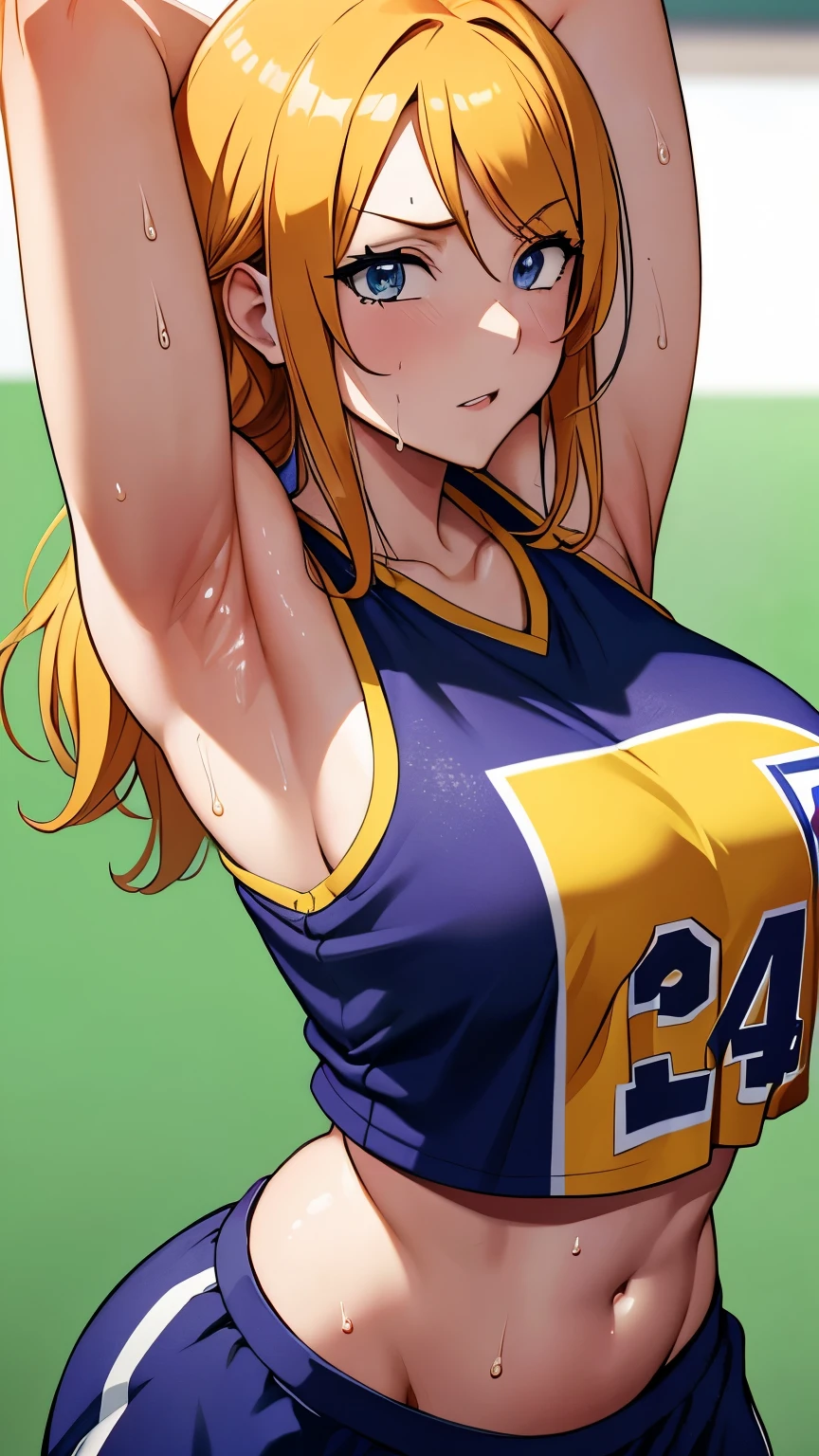 a close up of a person wearing a basketball uniform, a picture, inspired by Kentaro Miura, trending on pixiv, Rangiku Matsumoto, Bleach, wearing yellow nba jersey, yellow croptop nba jersey, wearing a low cut croptop, wearing croptop, croptop, the words "Lakers" written on the croptop, golden raito, (winking), shirobako, large)}], favorite scene, fine details. anime. skins, sweating, big breasts, both hands raised, armpits, armpits visible, dripping with sweat, more more sweat, sweaty armpits