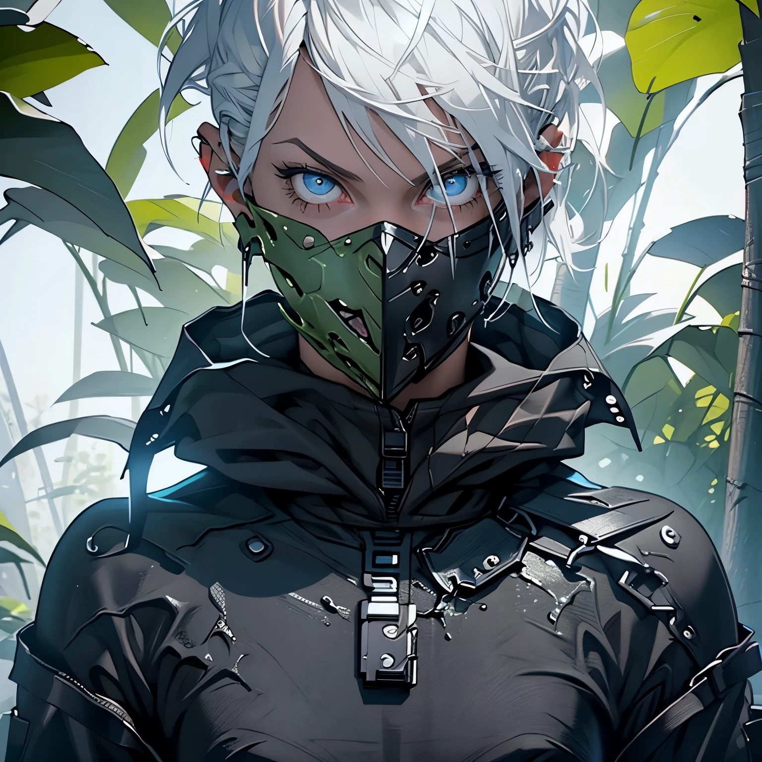 Young Adult, Androgynous, Assassin, Plasmiod, Beautiful, Athletic, Thin, Silver Hair, Shorthair, Blue Eyes, Smiling, Jungle, 3D, Cinematic, HDR, Very Detailed, HD, Background, RTX, 2K, Masterpiece, RE3Jill, ((( Slime Translucid body liquid))), Full Body, Very Detailed, HD, 3D, 2K, Masterpiece