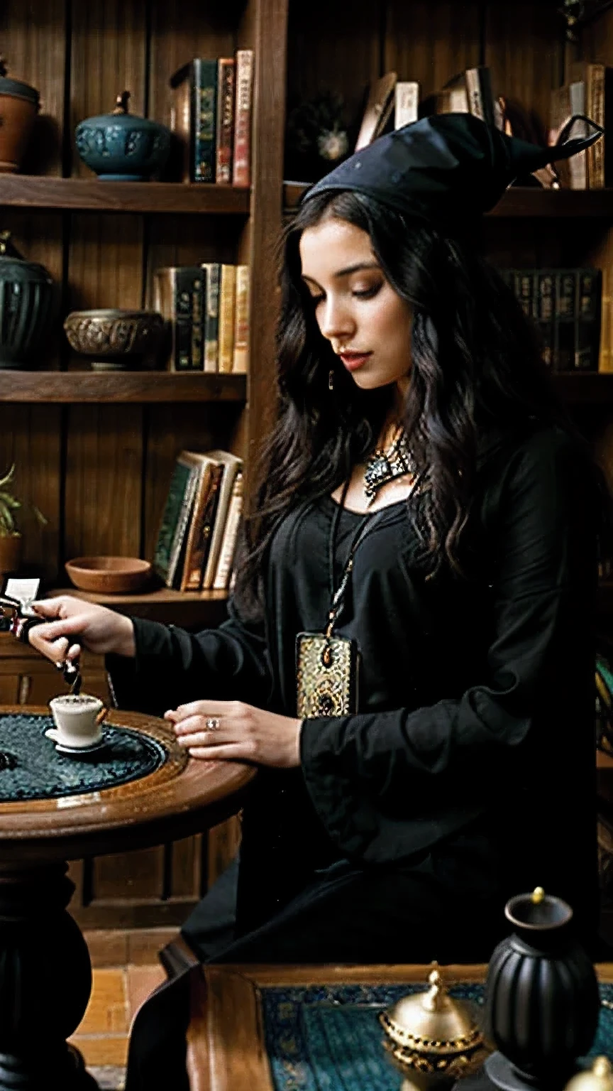 Eye-catching colors. Fantasy fortune teller witch dressed all in black , looking at tarot cards on the table, with a tarot card in her right hand, inside a magical room with pots of plants surrounding it and light coming through. Bookshelves behind her.