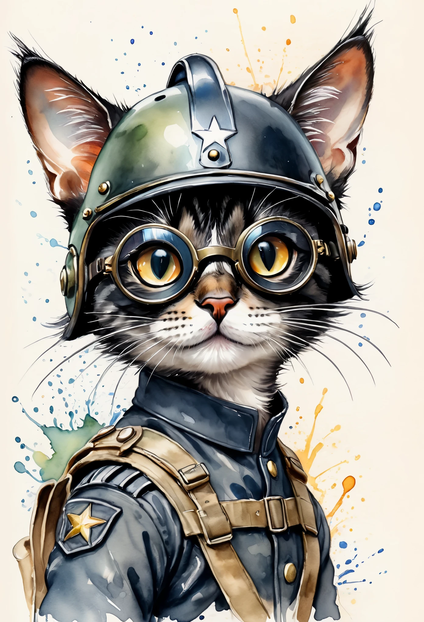 Colorfull watercolor hand drawing, splash design, (best quality, masterpiece:1.2), side view, anthropomorphic, a little cat with black hair wearing googles & soldier helmet, narrow hips, grunge style, simple lines, looking to camera, happy, (natural skin and textile texture, hyperrealism, soft light, sharp:1.2), (intricate details:1.1), hdr, bokeh