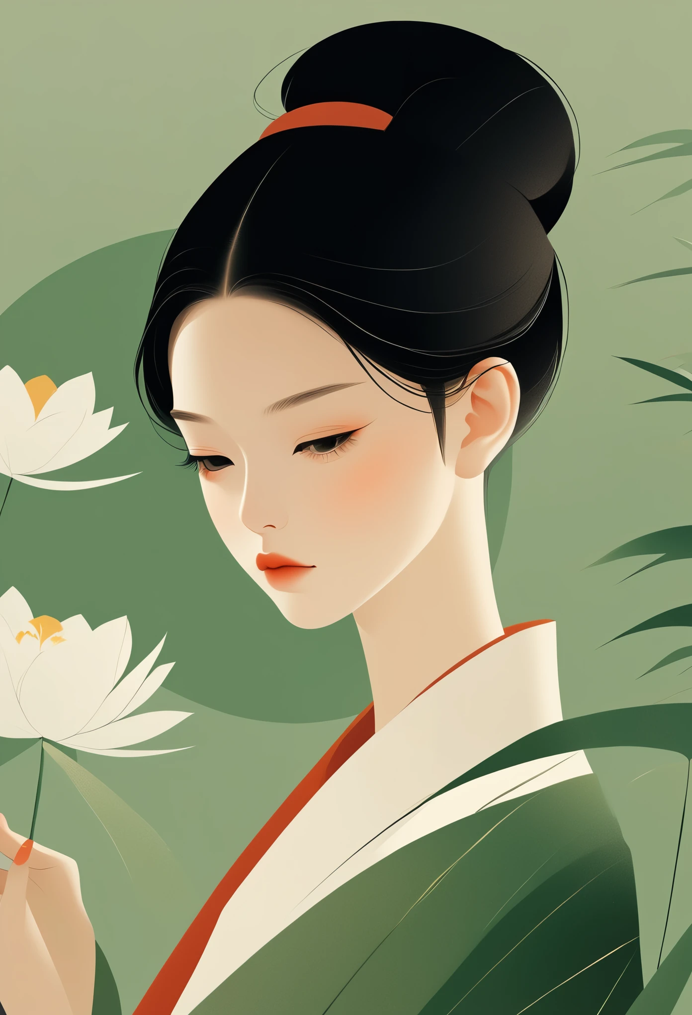 Vector，flat style，illustration，minimalist，数字艺术illustration，1 girl，unique，black hair，beautiful face，portrait，Shoulder，beautiful hands，Zen，artistic conception，abstract