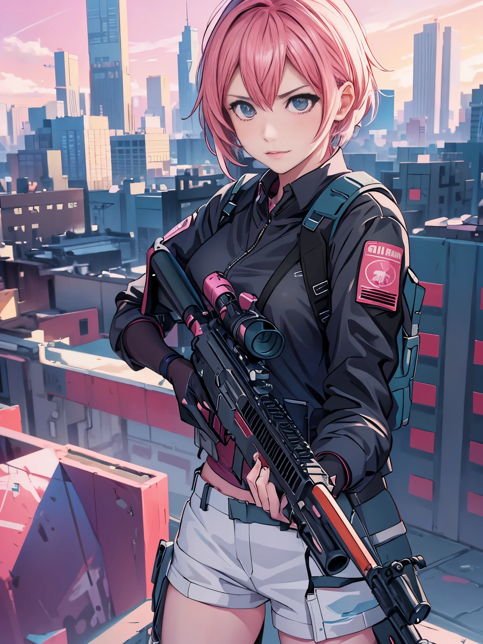 anime girl with pink hair holding a gun and a rifle, m4 sopmod ii girls frontline, with rifle, badass anime 8 k, cyberpunk anime girl, female cyberpunk anime girl, yayoi kasuma, best anime 4k konachan wallpaper, cinematic shot ar 9:16 -n 6 -g, mechanized soldier girl