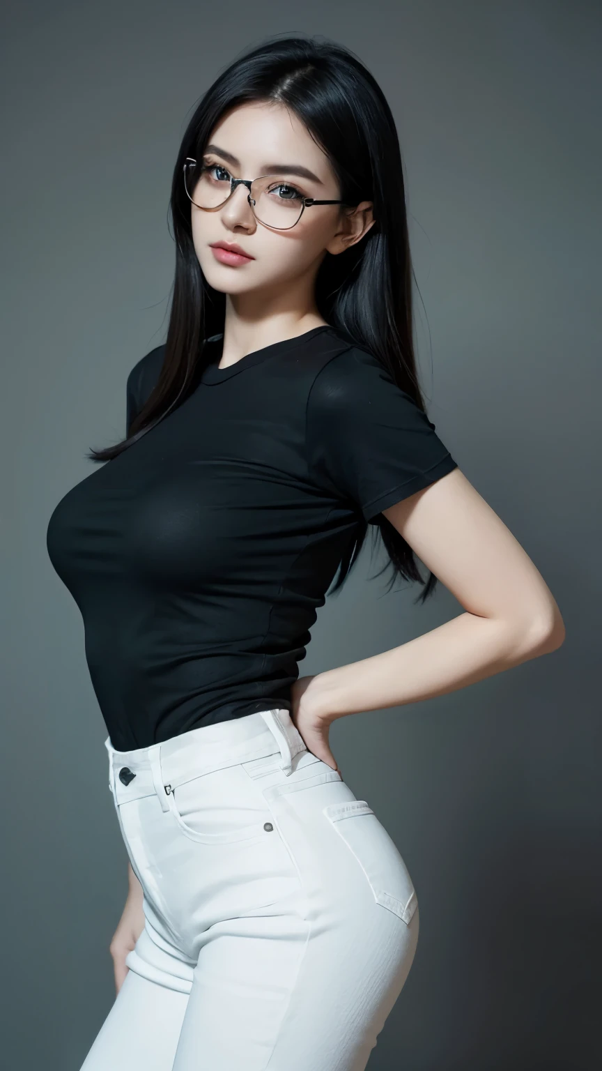 1girl, medium breast, black hair, green eyes,high quality, ultra detailed, masterpiece, realistic, wearing black t-shirt, t-shirt, jeans, undress jeans, standing,modeling pose, use white glasses, big curved body, super detail, 32K