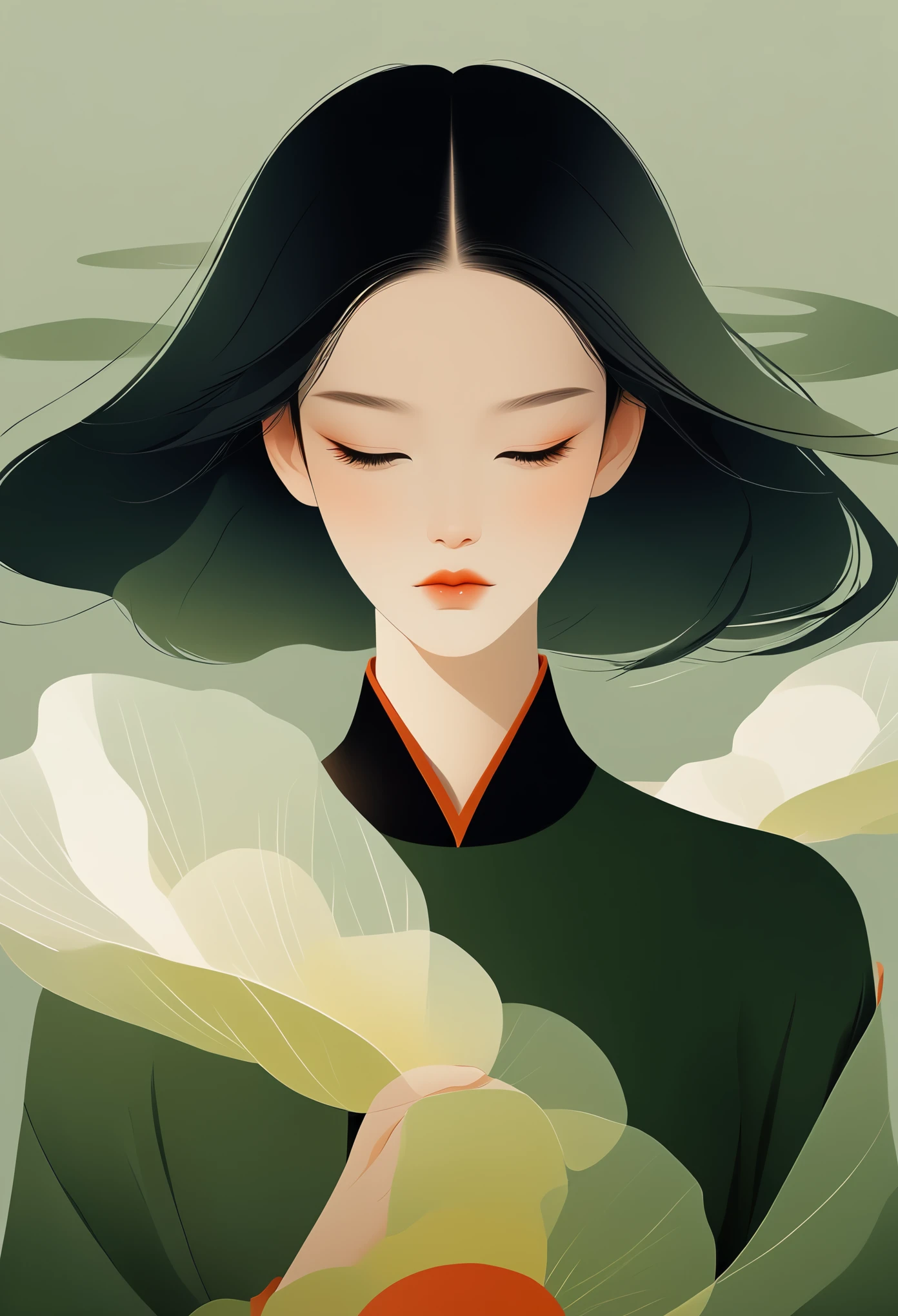 Vector，flat style，illustration，minimalist，数字艺术illustration，1 girl，unique，black hair，beautiful face，portrait，Shoulder，beautiful hands，Zen，artistic conception，abstract