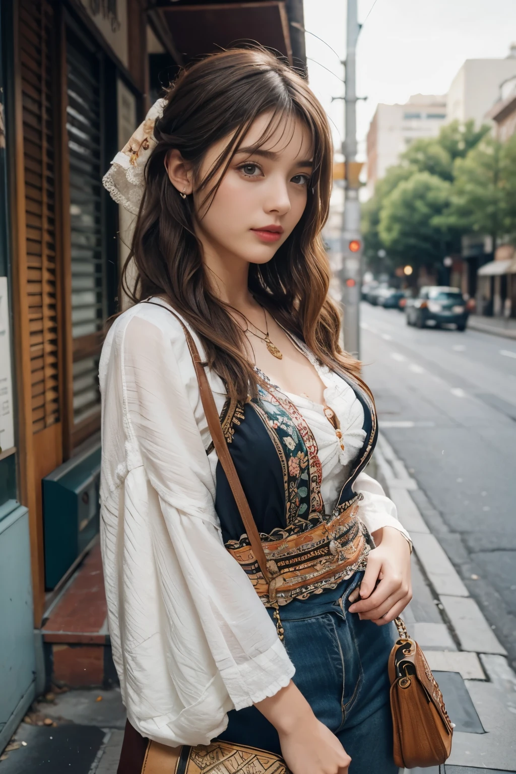 Beautiful woman in cluttered urban vintage bohemian outfit