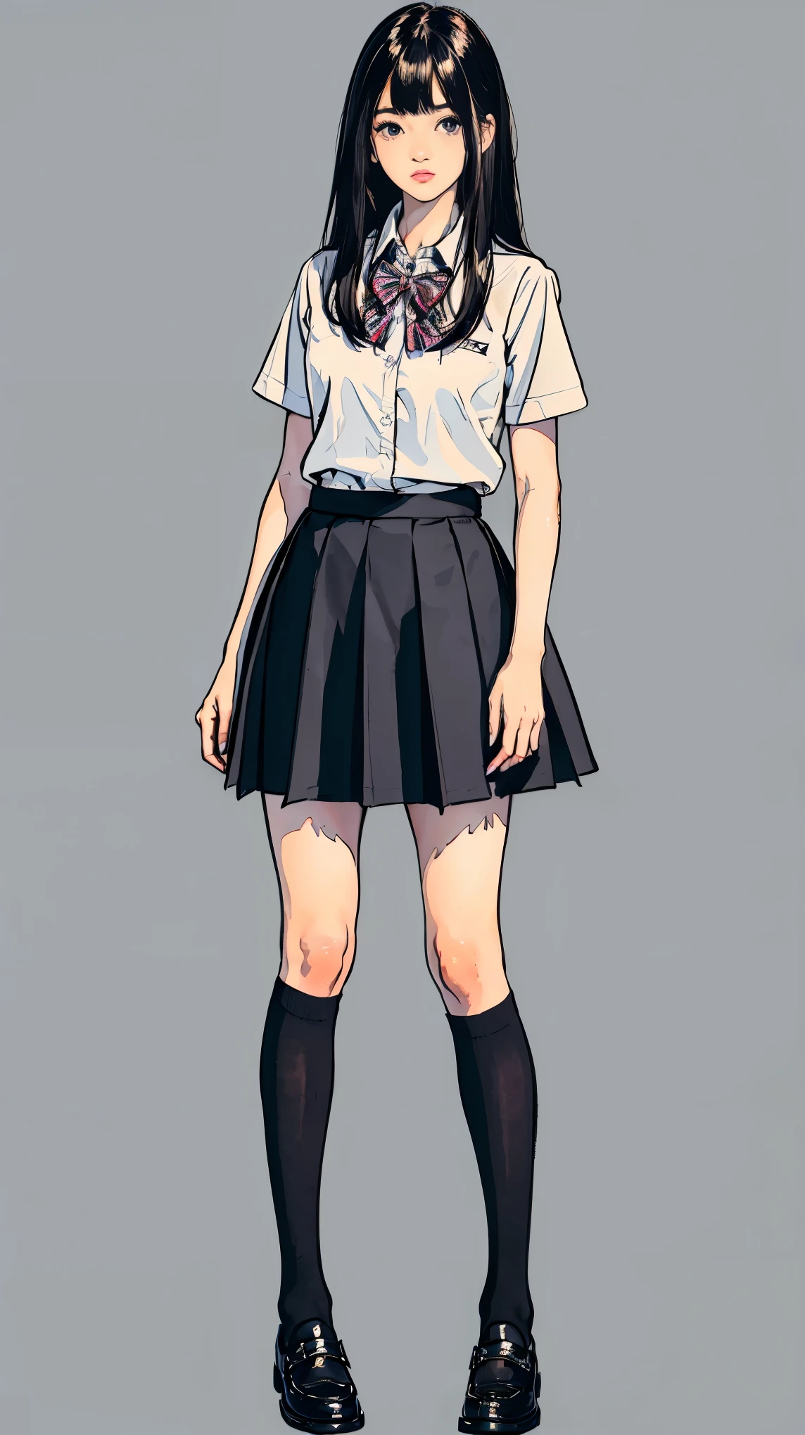 ((best quality,4k,highres,masterpiece:1.2)),((character concept art)), 1 female, age female, 15-year-old Asian beauty queen, ((black shoulder-length hair)), black hair, (fair skin colour), ultra finely detailed eyes (black eyes colour), innocent, beautiful, , slim body build, ((intricate detail)), super finely detailed hands, ultra finely detailed fingers(((ten fingers))), wearing white short sleeves school shirt with bowtie, gray school skirt, knee-length school socks, and black school loafers, (standing casually), (full body showcase), (show full body), (no logos on background), (no logo), ((plain background)), ((plain background)), (((empty background)))