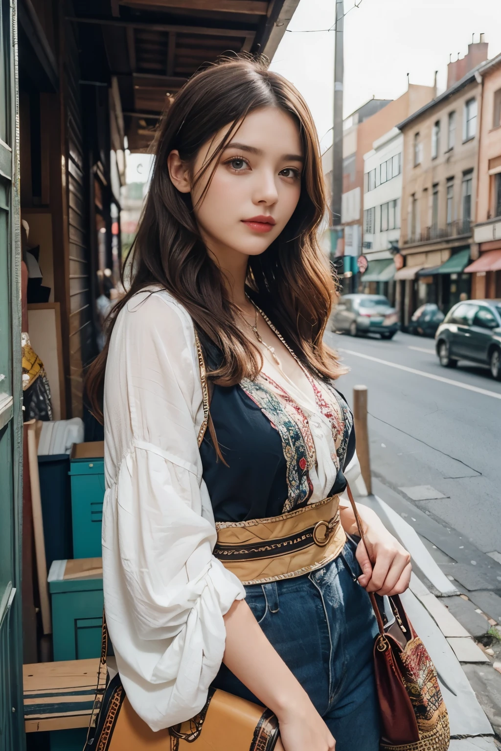 Beautiful woman in cluttered urban vintage bohemian outfit, different actions, 