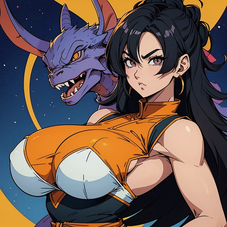 dragon ball super、very cute girl、female saiyan、big breasts、perfect style、black hair、black long hair、tail、