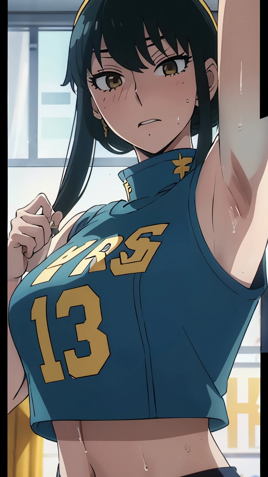 a close up of a person wearing a basketball uniform, a picture, inspired by Kentaro Miura, trending on pixiv, Yor Forger, Spy x Family, wearing yellow nba jersey, yellow croptop nba jersey, wearing a low cut croptop, wearing croptop, croptop, the words "Lakers" written on the croptop, golden raito, (winking), shirobako, large)}], favorite scene, fine details. anime. skins, sweating, big breasts, both hands raised, armpits, armpits visible, dripping with sweat, more more sweat, sweaty armpits