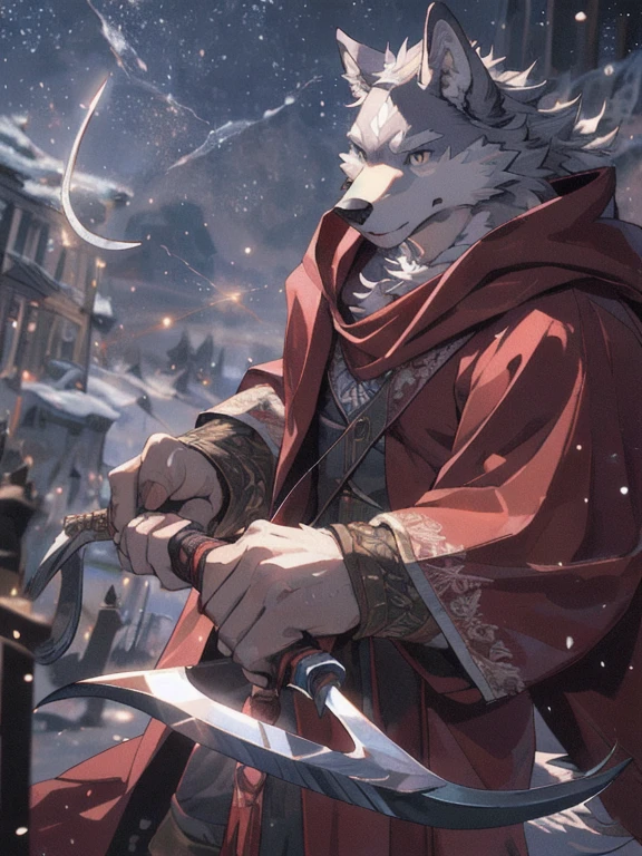 masterpiece,official art,hairy,male,Anthropomorphic white wolf,delicate face,exquisite eyes,red cloak,kerosene lamp,sickle, holding sickle, depth of field, perfect lighting, light particles,(best quality),(masterpiece),(Super detailed),sharp focus,light particles, Detailed background