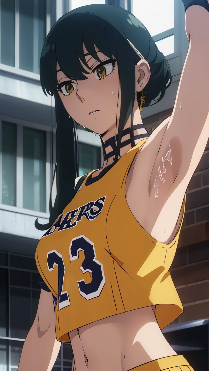 a close up of a person wearing a basketball uniform, a picture, inspired by Kentaro Miura, trending on pixiv, Yor Forger, Spy x Family, wearing yellow nba jersey, yellow croptop nba jersey, wearing a low cut croptop, wearing croptop, croptop, the words "Lakers" written on the croptop, golden raito, (winking), shirobako, large)}], favorite scene, fine details. anime. skins, sweating, big breasts, both hands raised, armpits, armpits visible, dripping with sweat, more more sweat, sweaty armpits