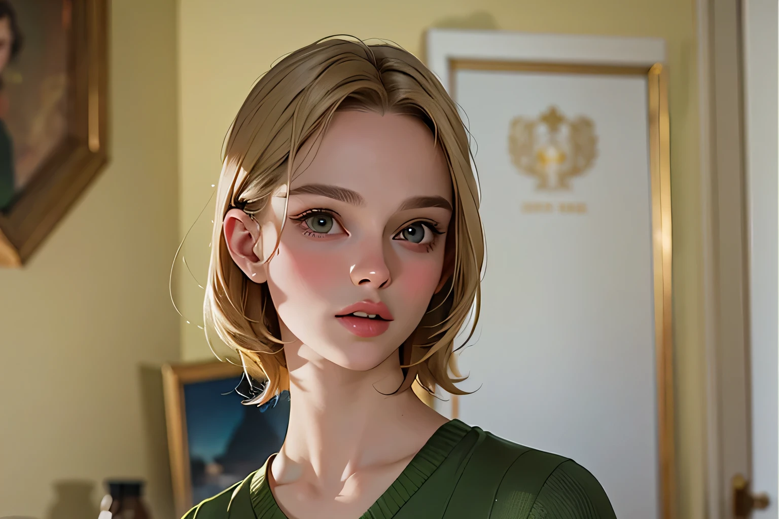 blond woman with a green shirt and a green sweater looking at the camera, young natalie portman, sil from species, keira knightley, kiera knightly, natalie portman in star trek, kiera knightley, natali portman, young scarlett johansson, winona ryder, kiera knightly in repose, 1999, 1 9 9 9