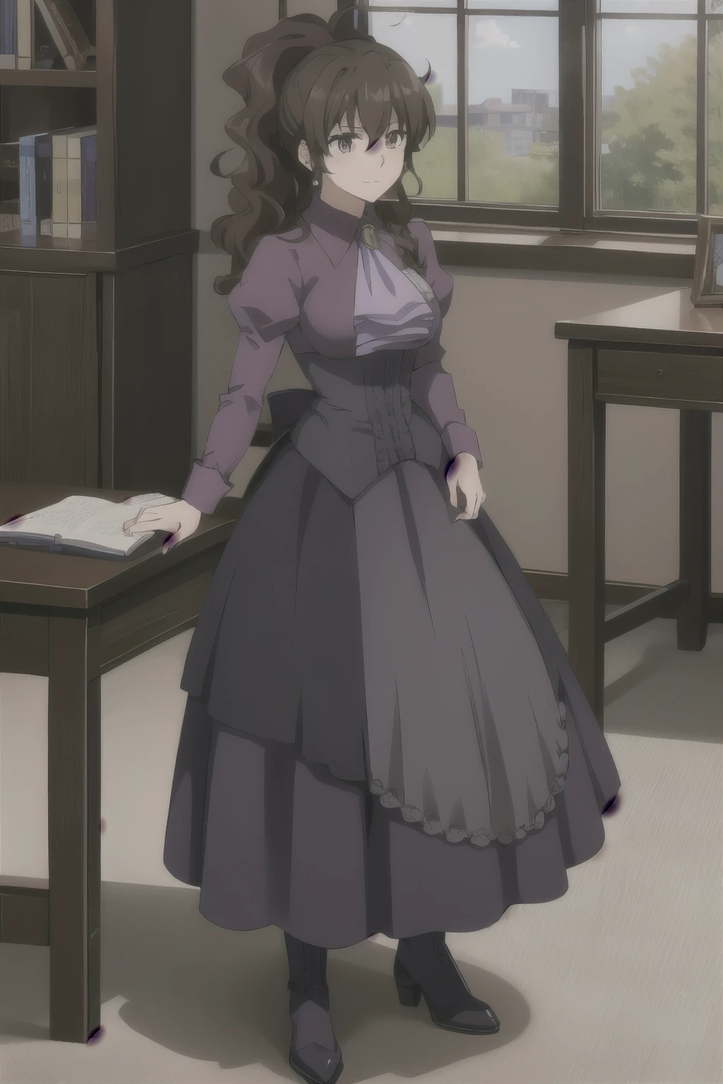 (masterpiece),(best quality), ushiromiya natsuhi, violet dress, long dress, side ponytail, purple shirt, ascot, brooch, corset, ankle boots,  old bureau, desk, manor,  windows, bookshells, 
