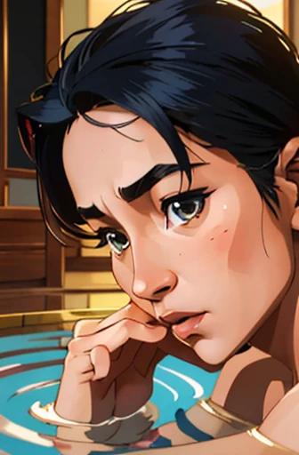 Risa, black haired japanese girl, sitting nude in onsen ((small breasts)), cute, beautiful, realistic style, highly detailed, 4k, looking to right, body from the side, cross legged (((3/4 face view close-up))), ((golden ratio, center frame)), (((RISA))), ((NUDE)), candle light reflecting of skin