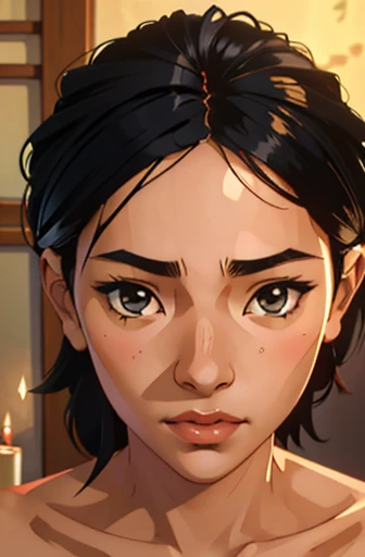 Risa, black haired japanese girl, sitting nude in onsen ((small breasts)), cute, beautiful, realistic style, highly detailed, 4k, looking to right, body from the side, cross legged (((3/4 face view close-up))), ((golden ratio, center frame)), (((RISA))), ((NUDE)), candle light reflecting of skin