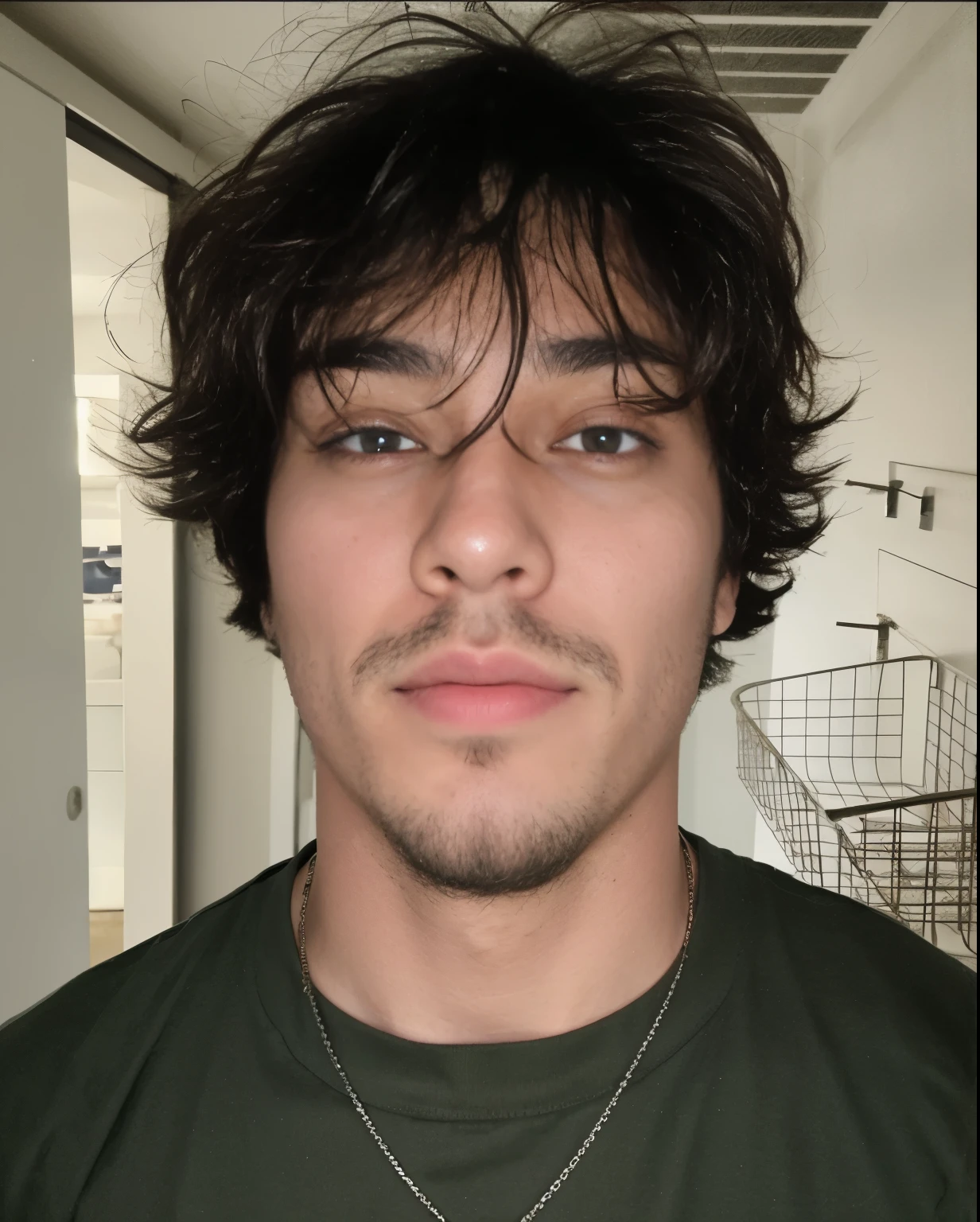 bushy man with a beard and a collar around his neck, rosto fino e limpo, barba, barba no queixo e bigode, Korean traits, Korean features, olhos puxados, expression would be, militar, serious, neutro