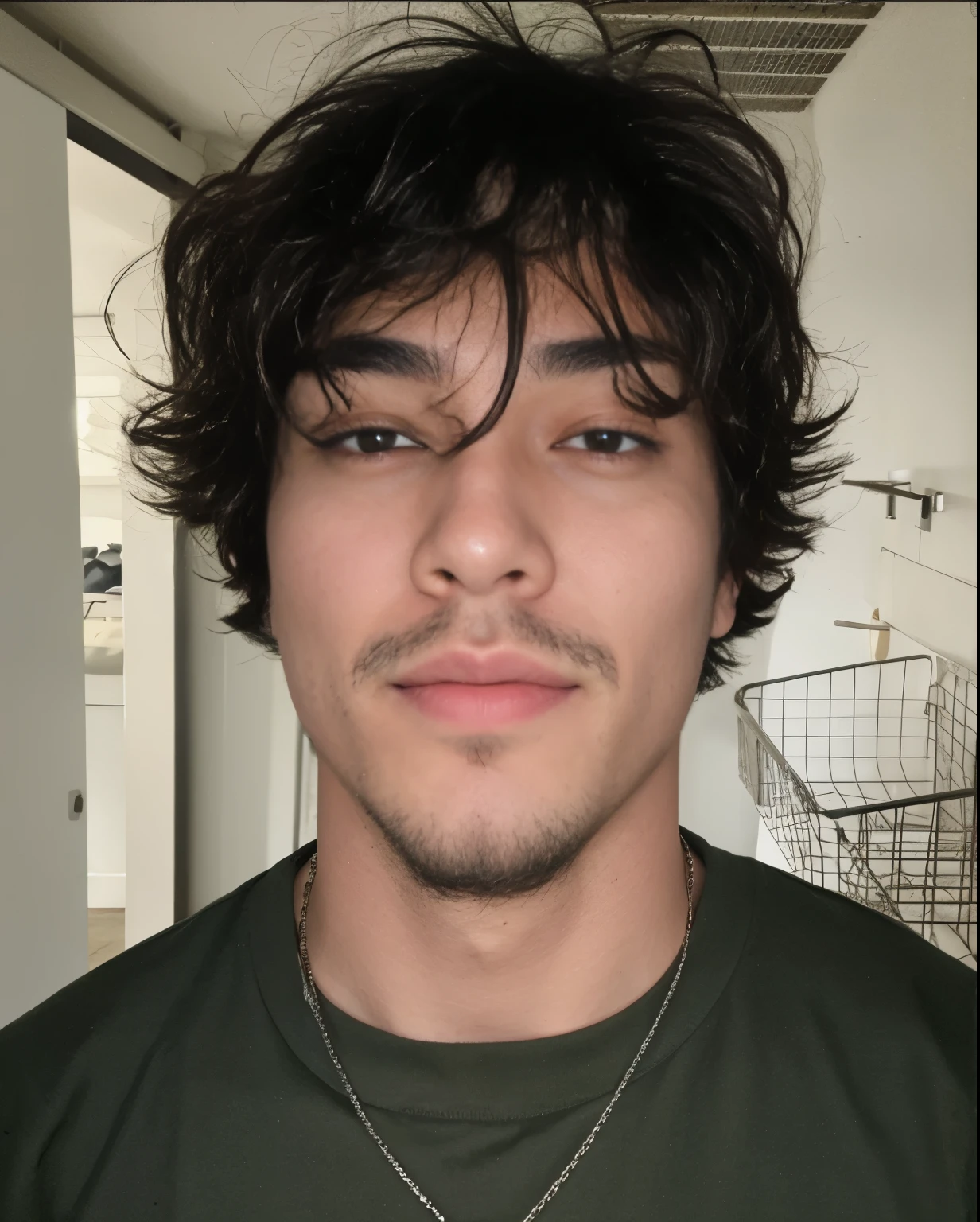 bushy man with a beard and a collar around his neck, rosto fino e limpo, barba, barba no queixo e bigode, Korean traits, Korean features, olhos puxados, expression would be, militar, serious, neutro
