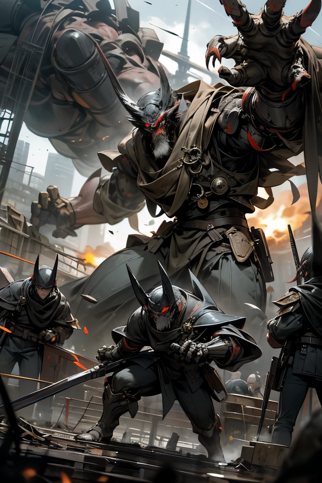 Epic confrontation scenes between the resistance and Nébulecorp forces, with explosions shattering the night sky and hand-to-hand combat raging among the ruins, the clashing of steel against steel echoing through the chaos. Amidst the carnage, brave resistance fighters clad in tactical gear engage in fierce battles against the relentless Nébulecorp soldiers, their faces etched with determination and grit. In the midst of it all, mechanical beasts towering over the scene roar to life, their red eyes glowing ominously as they wield giant claws, ready to crush any opposition. The air is thick with the acrid smell of smoke and gun