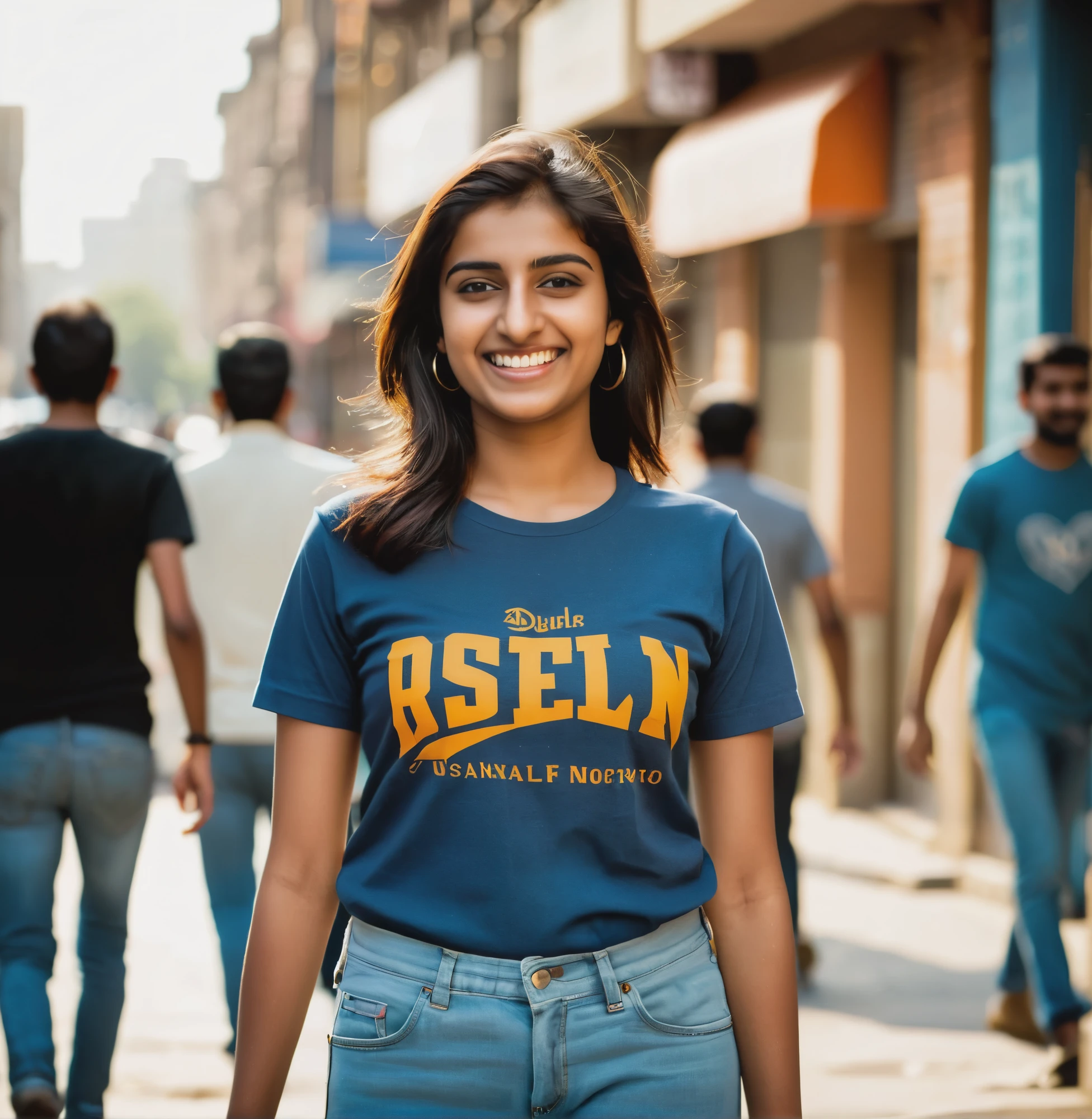 A 20 Year old pakistani beautiful girl, wearing jeans and a graphic t-shirt, with a smile on her face, standing in a bustling city street with people walking by, buildings in the background, and sunlight filtering through the urban landscape, Photography, DSLR camera, 35mm lens, f/2.8 aperture, capturing candid moments, --ar 16:9 --v 5