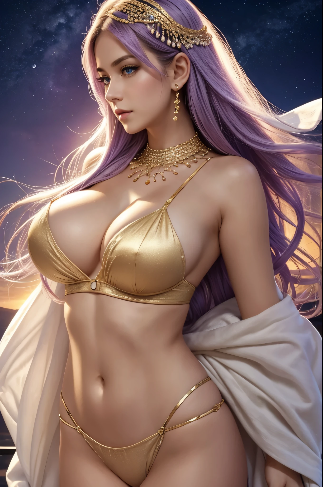 one American girl, realistic green eyes, long light purple lilac hair, large tits, large chest, cleavage, draped in white fabric with gold accessories, gold jewelry, high cheekbones, close up, masterpiece, best quality, looking at viewer from behind over the shoulder, plump lips, oriented to the left, purple sky with soft stars with bright large full moon directly behind woman, zoomed out, full body