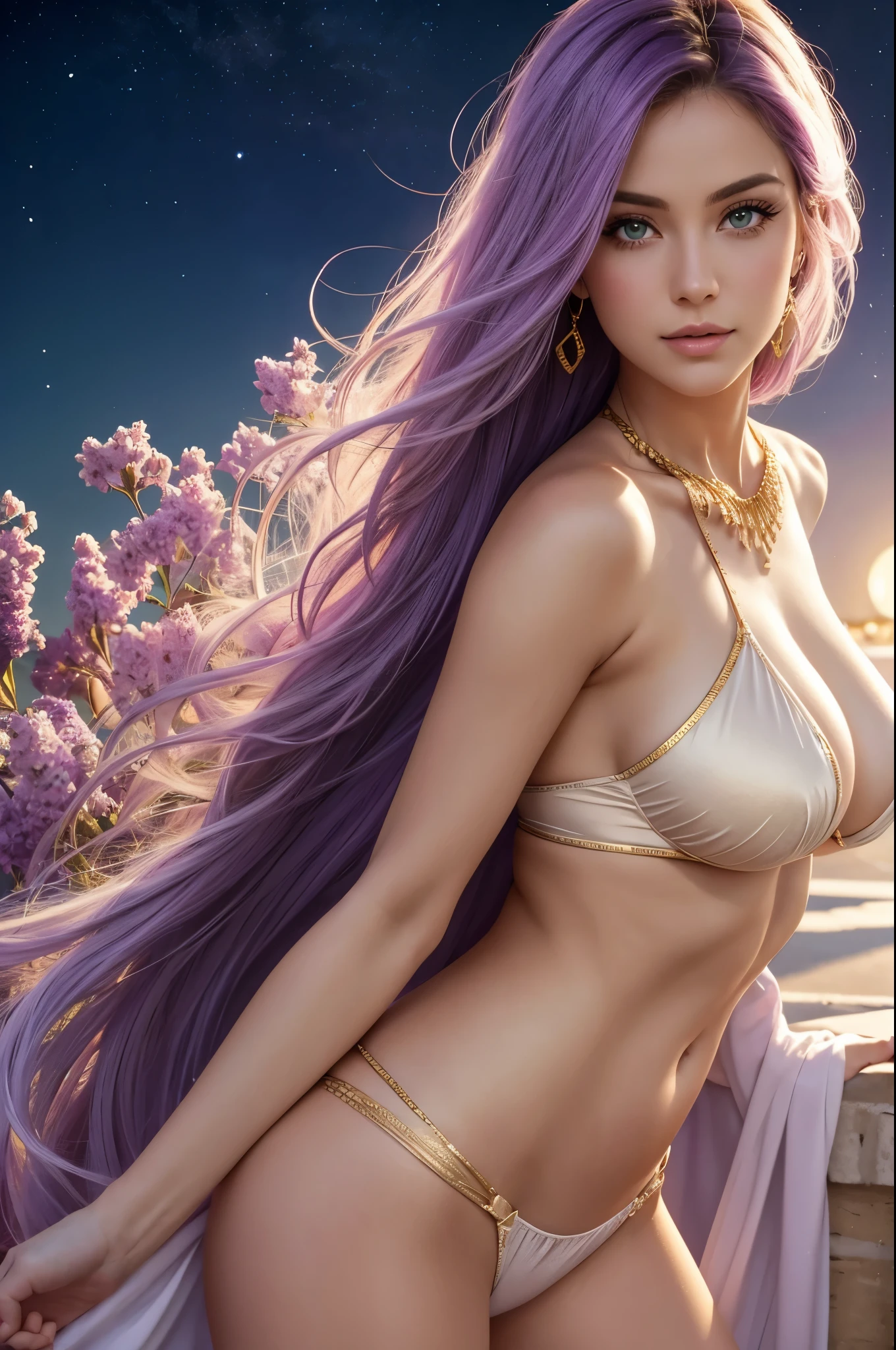 one American girl, realistic green eyes, long light purple lilac hair, large tits, large chest, cleavage, draped in white fabric with gold accessories, gold jewelry, high cheekbones, close up, masterpiece, best quality, looking at viewer from behind over the shoulder, plump lips, oriented to the left,  purple sky with soft stars with bright large full moon directly behind woman, zoomed out, full body