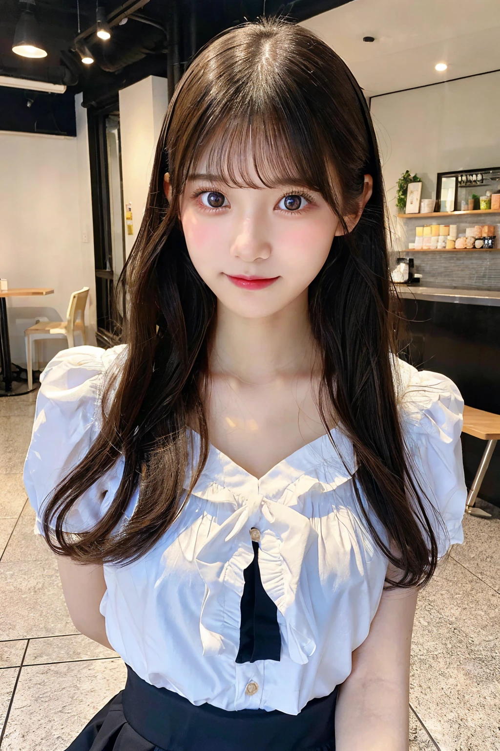Photo of a young woman wearing frill skirt, Nanase Nishino, (((Bright eyes of beauty))), angel face, straight hair, medium Hair, black hair, small nose, ((perfect face)), be familiar with, realistic, japanese idol, at the cafe,