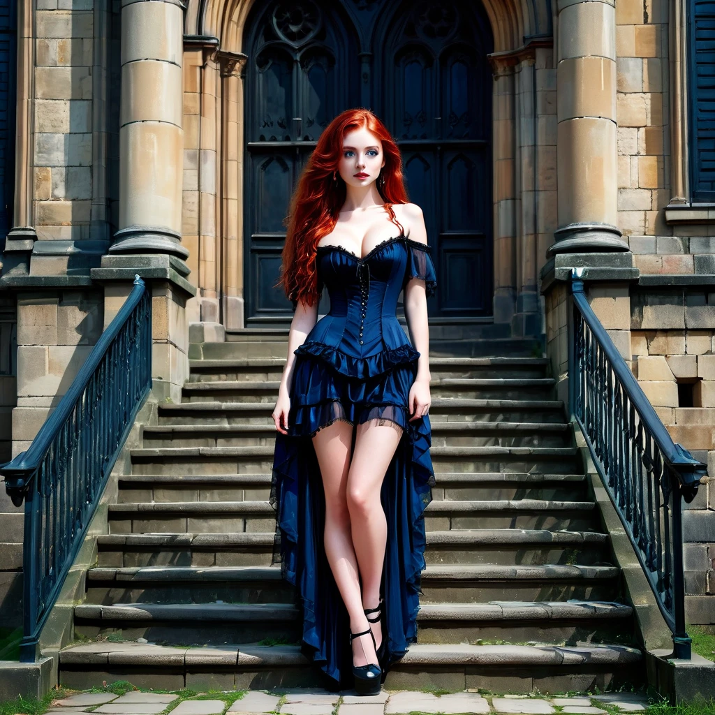Portrait, best quality, Victorian style,
One girl, bright paint colors, young 20 years old, very beautiful, looking at the camera. A young woman stood on the steps of the main building. Long red hair, blue eyes, size 4 breasts, thin waist, athletic buttocks, long slender legs. Strong detailing, large breasts, gothic beautiful evening dress, noir, dark gothic, gothic castle, steps of the main castle building, stone walls, photorealism.