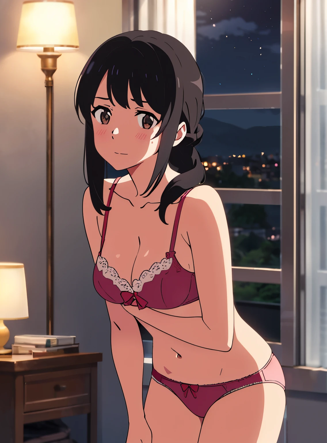 shinkai makoto, kimi no na wa., 1girl, bangs, black hair, brown eyes, waterfall braid, red ribbon, long hair, solo, blush, looking at the viewer, arms up, sexy pose, cute, bedroom, night, lamp, light off, light pink bra, breast, medium breast, light pink panties, masterpiece,
