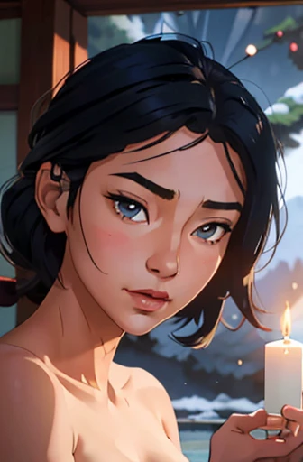 Risa, black haired japanese girl, sitting nude in mountain onsen, snowflakes falling around her, blue and white light shining down, ((small breasts)), cute, beautiful, realistic style, highly detailed, 4k, looking to right, body from the side, cross legged (((3/4 face view close-up))), ((golden ratio, center frame)), (((RISA))), ((NUDE)), candle light reflecting of skin