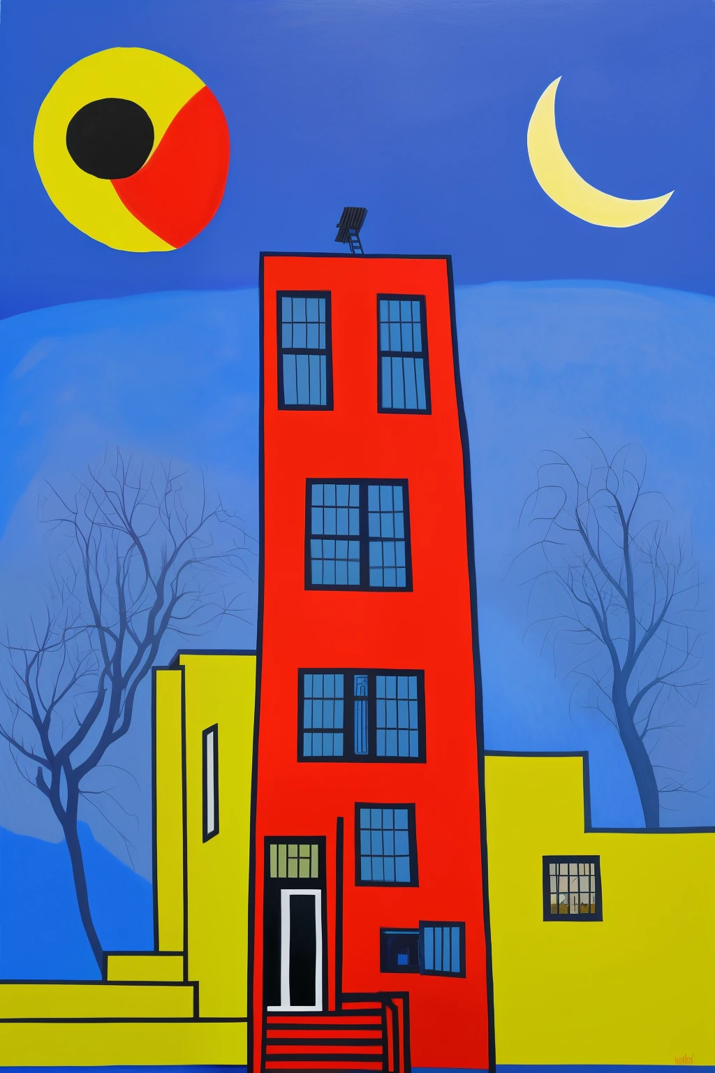 painting of a ladder leading to a house on a moon, painted tower of the moon, inspired by Betye Saar, inspired by Friedensreich Hundertwasser, inspired by Gertrude Abercrombie, inspired by Hundertwasser, elevator to the moon, to the moon, inspired by Will Barnet, inspired by Jerry Pinkney, city on the moon