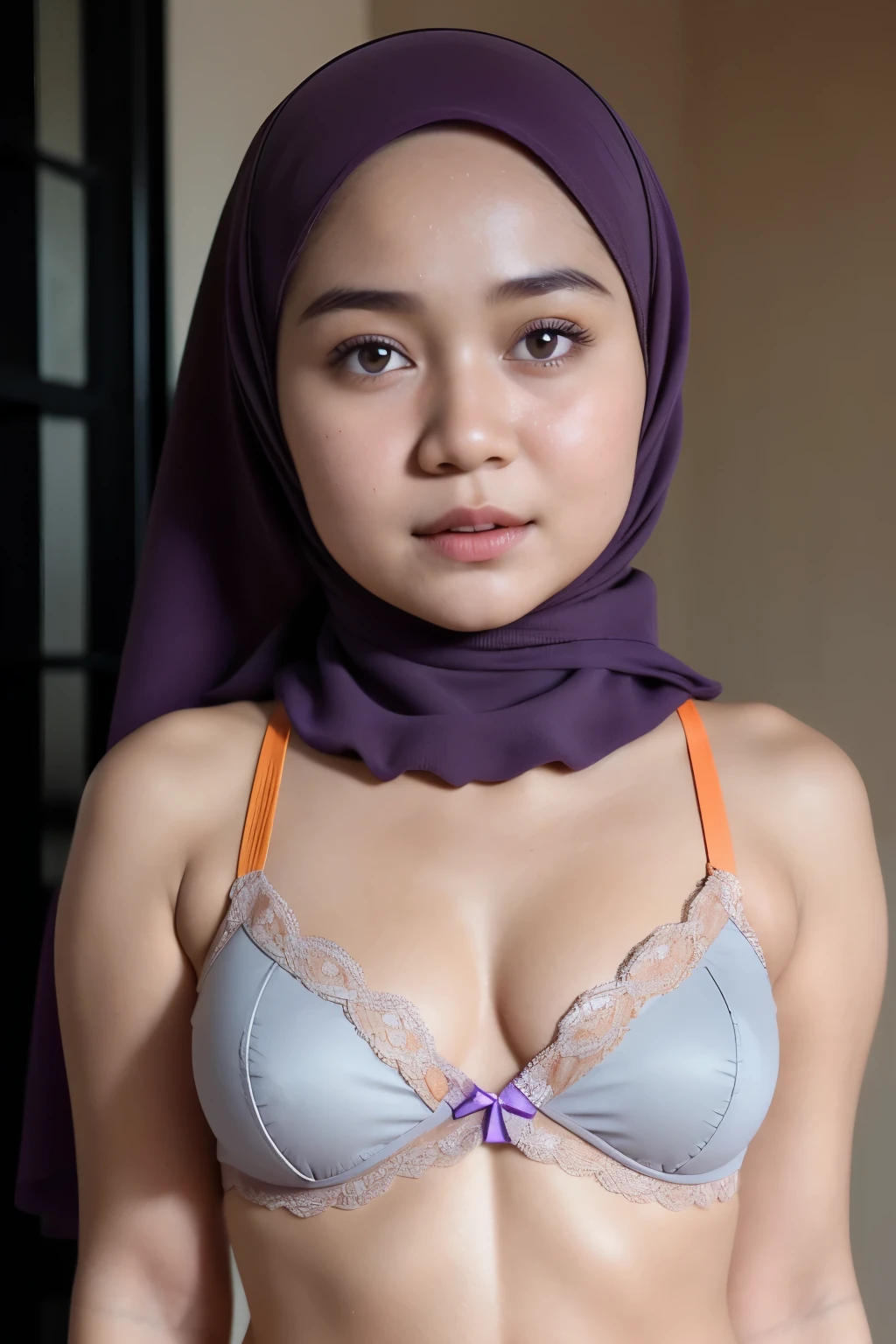 A compelling greyscale pencil drawing portraying, ((Open mouth)), Tiny (Wearing Flower Pattern Lingerie), (((HIJAB MALAY GIRL))), masutepiece, High quality, UHD 32K, Realistic face, Realistic skin feeling , A Malay Lady, , , Very cute and baby-like face, (((FLAT CHEST))), (MATRIX WORLD), ((look In front  at the camera and SADNESS)), ((())), (((CUTE GIRL))),  ((Nude Orange fluorescence)), ((CHUBBY)), (undress), Lolican Tininy. (Nude purple fluorescence), straddling, twinkling star background,