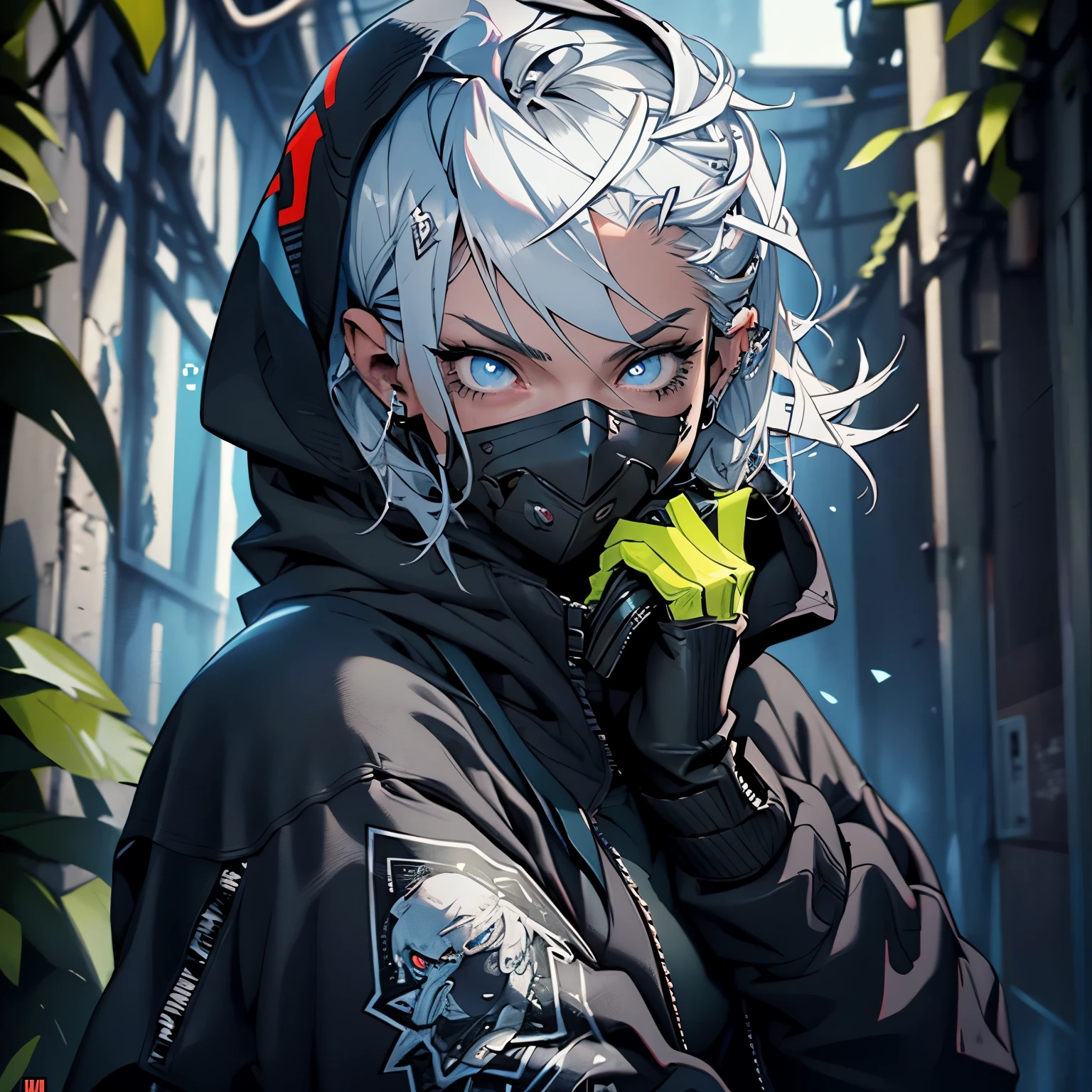  Adult, Androgynous, Assassin, ((( Plasmiod ))), Beautiful, Black Hood, Mask, Athletic, Thin, Silver Hair, Shorthair, Blue Eyes, Smiling, Jungle, 3D, Cinematic, HDR, Very Detailed, HD, Background, RTX, 2K, Masterpiece, RE3Jill, ((( Slime Translucid body ))), Full Body, Very Detailed, HD, 3D, Masterpiece