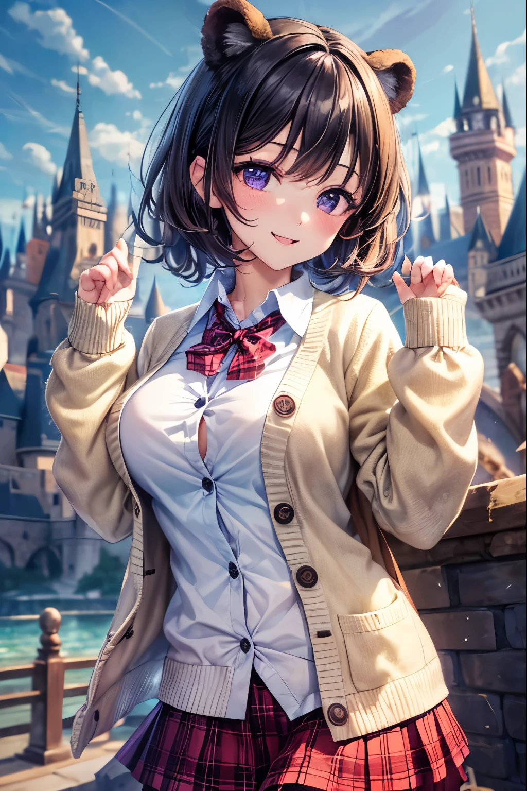 ((worst quality, low quality)), muste piece,best quality,Super detailed,masterpiece, (Castle:1.3), (テーマパークのCastleの背景:1.2), ((Close-up)), ((face focus)), ((Kemonomimi girl with black bear ears:1.2)), solo, ((Black hair berry berry short:1.3)), plump and glossy lips, (Beautiful purple eyes:1.3), spoken word heart, (best smile), spoken word heart, (Cute Pose:1.2), (school uniform:1.2), (Beige cardigan fits the body:1.4), ((Long sleeves, sleeves past the wrist):1.2), (perfect hands:1.3), (White collar shirt underneath:1.3), ((raise button, Not loose):1.5),(red plaid pleated skirt:1.3), ((Dark Brown Pantyhose Afers):1.2), best quality, masterpiece, 32k,