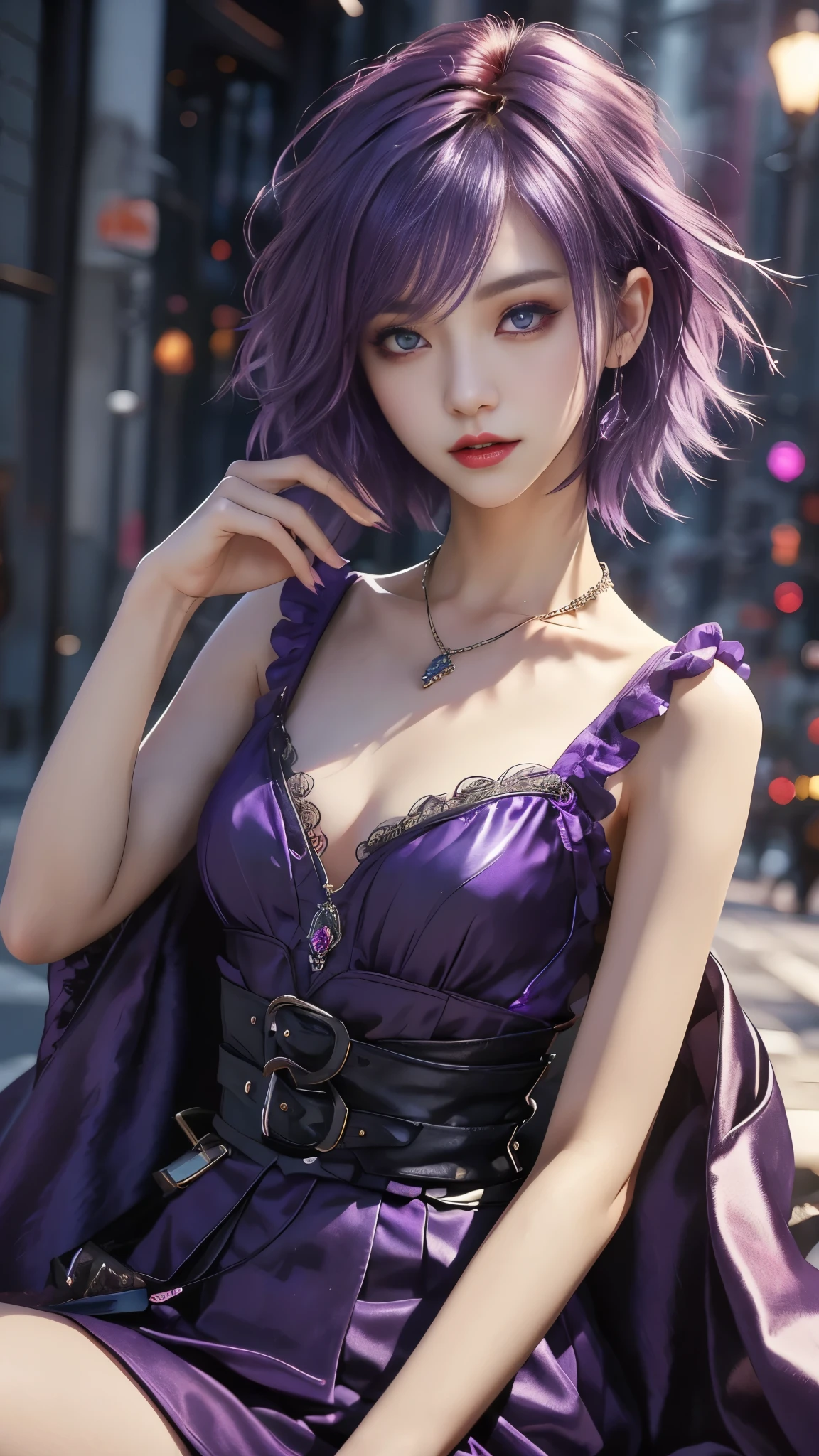 masterpiece, highest quality, high resolution, 1 girl, solo, Kocho Shinobu, butterfly hair ornament, purple eyes, colorful hair, short hair, parted bangs, black jacket, long sleeve, internal, Upper body、 smile,、desert、Japanese