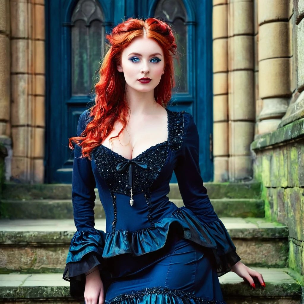 Portrait, best quality, Victorian style,
One girl, bright paint colors, young 20 years old, very beautiful, looking at the camera. A young woman stood on the steps of the main building. Long red hair, blue eyes, size 4 breasts, thin waist, athletic buttocks, long slender legs. Strong detailing, large breasts, gothic beautiful evening dress, noir, dark gothic, gothic castle, steps of the main castle building, stone walls, photorealism.