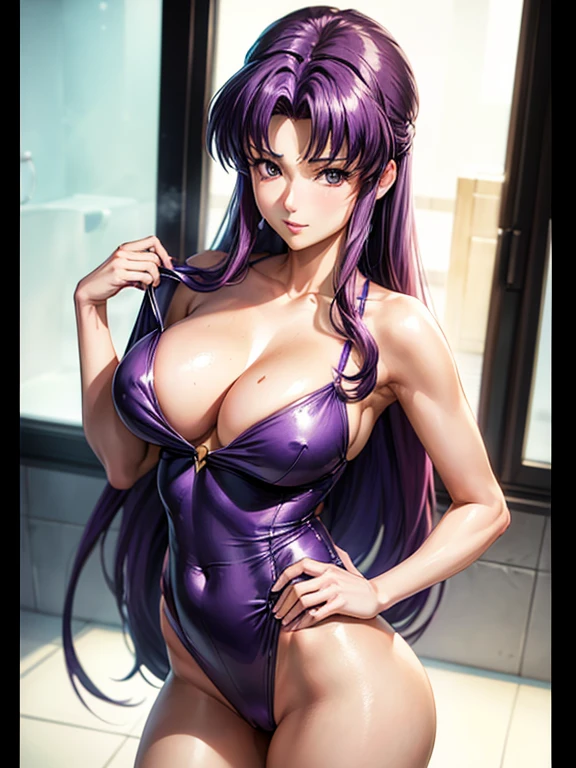 (best quality,4K resolution,anime style:1.2), Misato Katsuragi with highly detailed (beautiful, perfect face:1.1) and (perfect body:1.1), (long purple hair,gorgeous) (exposed,sexy outfit), featuring her (tits:1.1), (ass:1.1), and an alluring (pussy) in a stunning anime artwork.