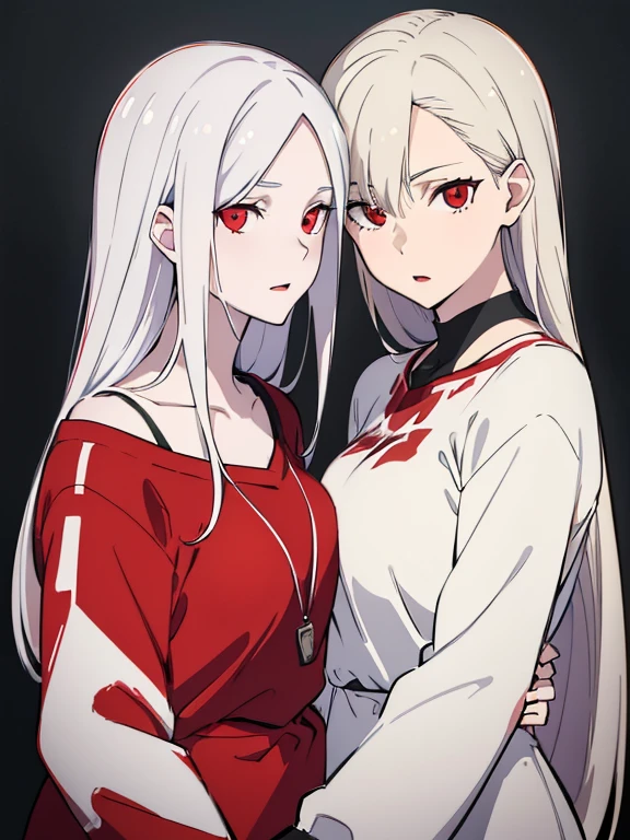 (best quality, highres, ultra-detailed:1.2), realistic, painting, detailed faces, couple, man pale skin, short white hair, red eyes, casual clothing, woman pale skin, long silver hair, red eyes, casual clothing, fox-like appearance