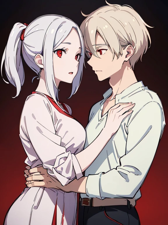 (best quality, highres, ultra-detailed:1.2), realistic, painting, detailed faces, couple, man pale skin, short white hair, red eyes, casual clothing, woman pale skin, long silver hair, red eyes, casual clothing, fox-like appearance