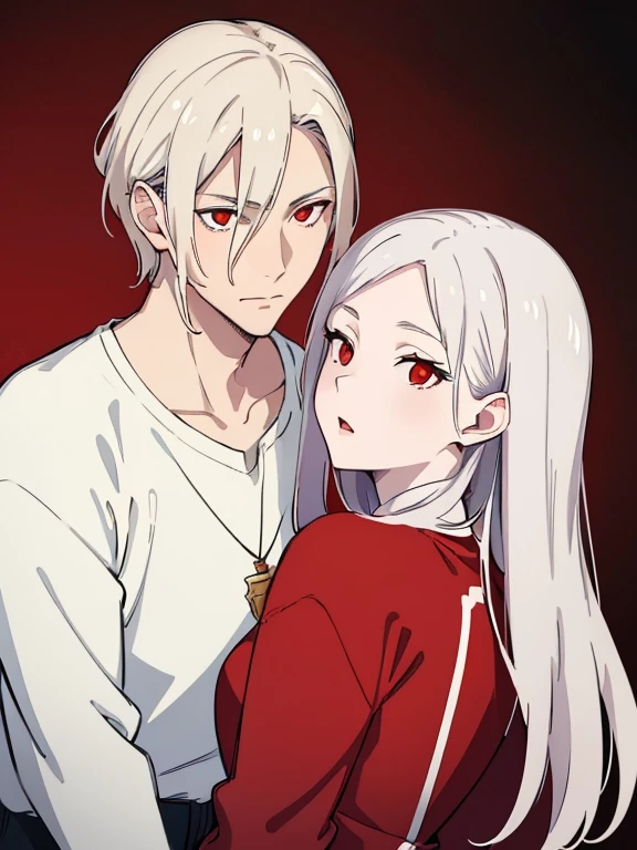 (best quality, highres, ultra-detailed:1.2), realistic, painting, detailed faces, couple, man pale skin, short white hair, red eyes, casual clothing, woman pale skin, long silver hair, red eyes, casual clothing, fox-like appearance