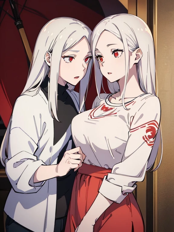 (best quality, highres, ultra-detailed:1.2), realistic, painting, detailed faces, couple, man pale skin, short white hair, red eyes, casual clothing, woman pale skin, long silver hair, red eyes, casual clothing, fox-like appearance