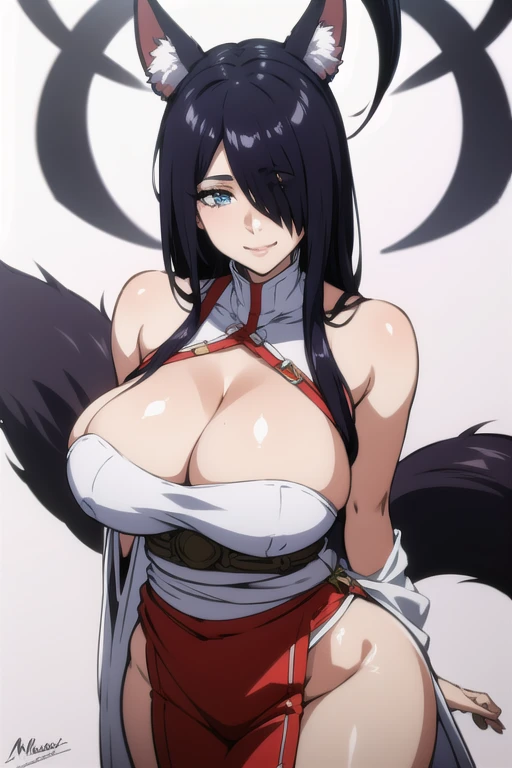 mature women,milf,large breast,beautiful face,long hair, shiny hair, blue eyes,high detailed,black hair, hair over one eye,masterpiece,cowboy shot,perfect anatomy,dynamic pose,cleaveage,miko clothing, fox ears,sexy smile,fox tail,