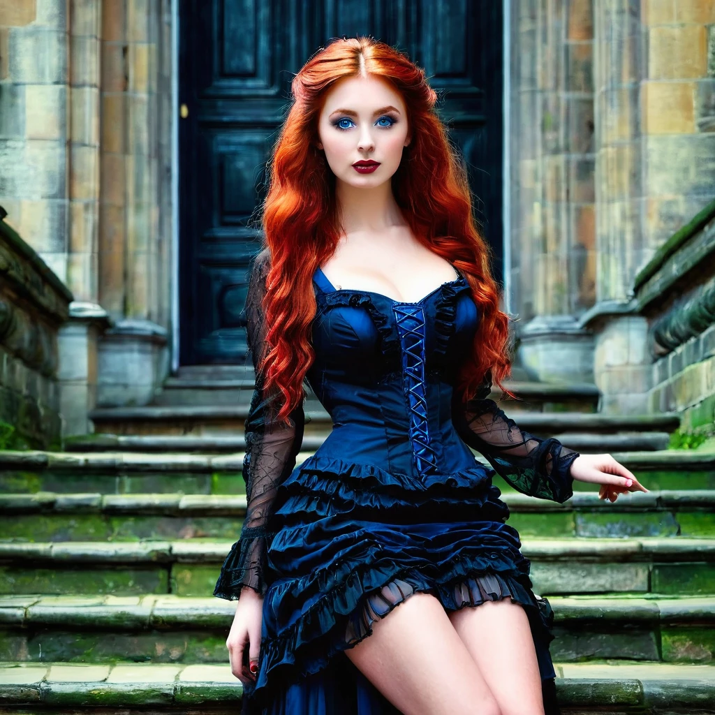 Portrait, best quality, Victorian style,
One girl, bright paint colors, young 20 years old, very beautiful, looking at the camera. A young woman stood on the steps of the main building. Long red hair, blue eyes, size 4 breasts, thin waist, athletic buttocks, long slender legs. Strong detailing, large breasts, gothic beautiful evening dress, noir, dark gothic, gothic castle, steps of the main castle building, stone walls, photorealism.