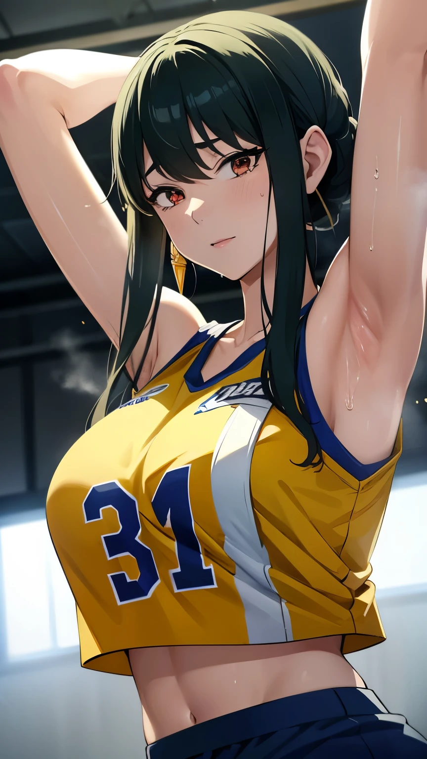 a close up of a person wearing a basketball uniform, a picture, inspired by Kentaro Miura, trending on pixiv, Yor Forger, Spy x Family, wearing yellow nba jersey, yellow croptop nba jersey, wearing a low cut croptop, wearing croptop, croptop, the words "Lakers" written on the croptop, golden raito, (winking), shirobako, large)}], favorite scene, fine details. anime. skins, sweating, big breasts, both hands raised, armpits, armpits visible, dripping with sweat, more more sweat, sweaty armpits