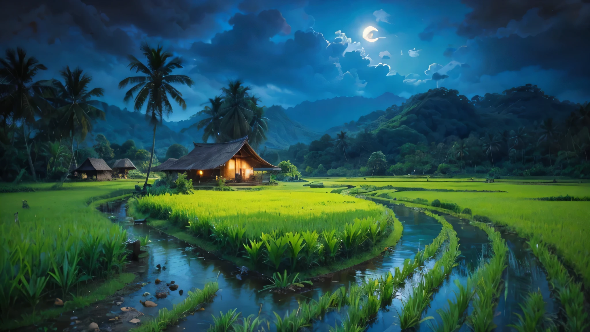 Pemandangan di Jawa barat tahun 1800, rumah kayu sederhana di tepi sungai yang deras berbatu yang air nya biru. banyak rumpun bambu besar, pohon-pohon tropis besar dan lebat, foliage yang rimbun, bark, ada pohon yang mati, ada daun yang menguning. latar belakang gunung berapi berkabut, cahaya matahari yang dramatis, muted pallete color.