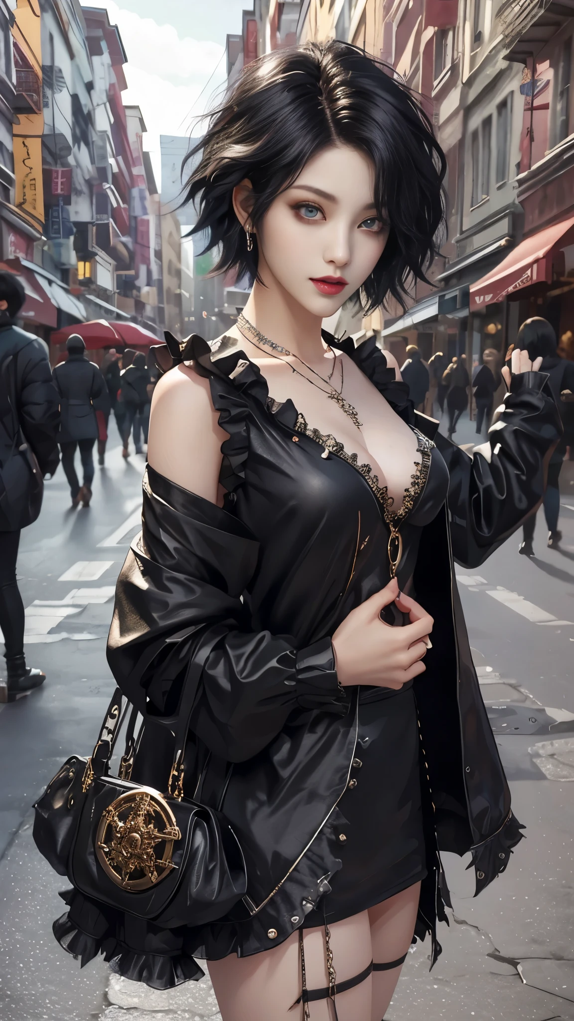 masterpiece, top-quality, ((1womanl)), different black color, finely eye and detailed face, intricate detailes, Casual black and white attire, window, A smile, Happiness, tenderness, high-level image quality、selfee, Beautuful Women、tall、a small face, D-cups, The upper part of the body、nightfall, nighttime scene、𝓡𝓸𝓶𝓪𝓷𝓽𝓲𝓬、Korea person, Idol Photos, Model photo, k pop, Professional Photos, Vampires, Korean fashion in black and black, Fedoman with necklace, inspired by Sim Sa-jeong, androgynous vampire, :9 detailed face: 8, extra detailed face, detailed punk hair, ((eyes are deialed)) baggy eyes, Seductive. Highly detailed, semi realistic anime, Vampires, hyperrealistic teen, Delicate androgynous princess, imvu, ((short hair woman)), black hair woman with wild look, ((Woman with short black hair)), ((1 persons)),